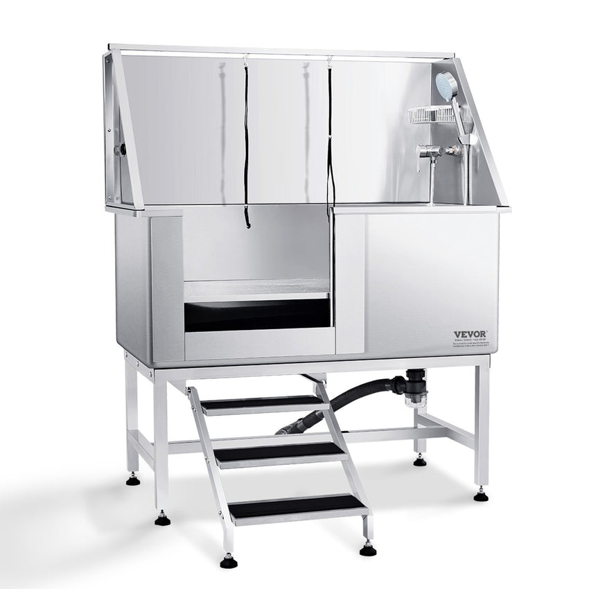 VEVOR 50" Pet Dog Bathing Station w/Stairs, Professional Stainless Steel Dog Grooming Tub w/ Soap Box, Faucet,Rich Accessory, Dog Bathtub for Large,Medium,Small Pets, Washing Sink for Home Left